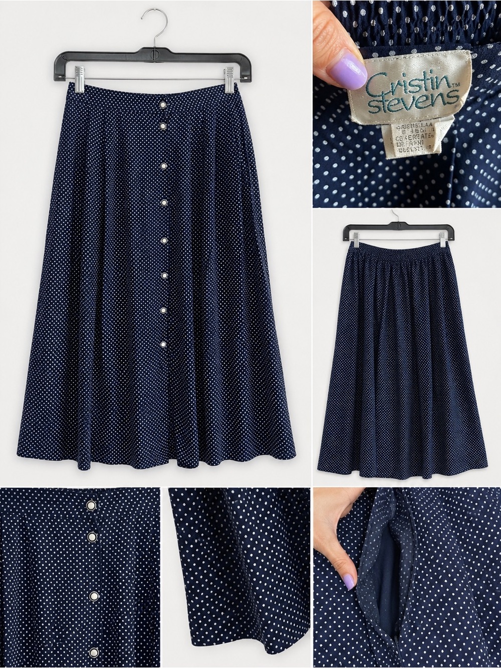 Vintage Cristin Stevens Made in Italy Polka Dot Button Front Midi Skirt | 90s - Picture 3 of 5